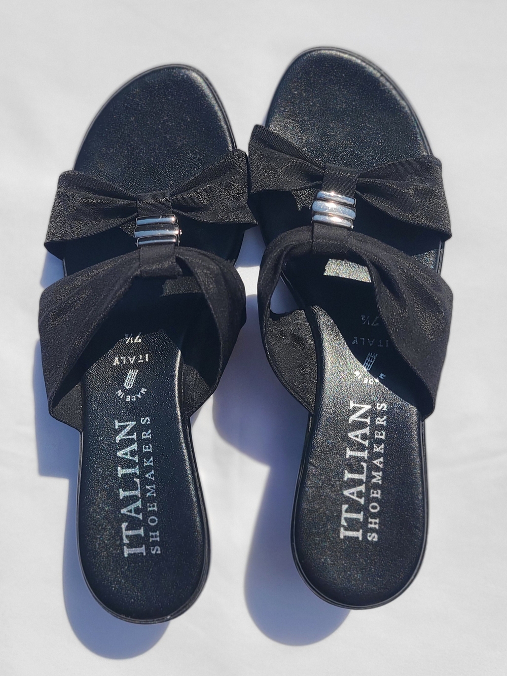 Italian Shoemakers Black Wedges With Bow Detail and Silver Accents